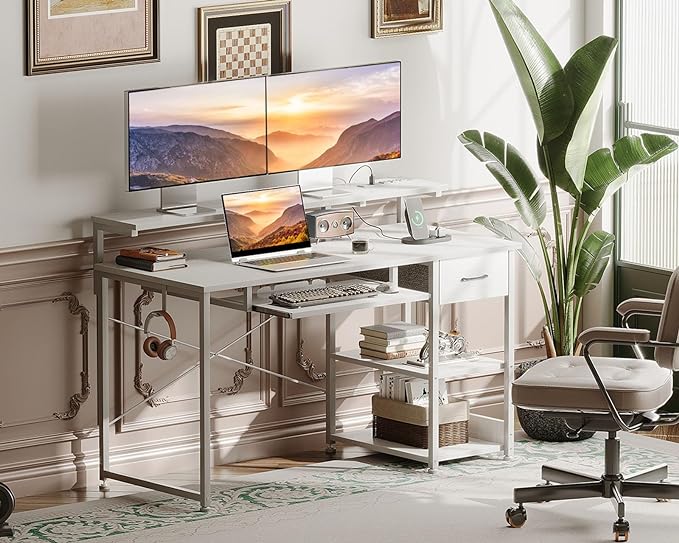 AODK Computer Desk with Keyboard Tray, 48 Inch Office Desk with Power Outlet, Work Desk with Drawer, Reversible Desk with Adjustable Monitor Shelf and Storage Shelf for Home, White - LeafyLoom