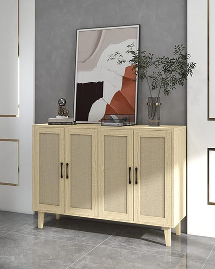 Panana Buffet Storage Cabinet with Rattan Decorating 4 Doors Living Room Kitchen Sideboard 48.43 x 34.65 x 15 inch (Natural Wood) - LeafyLoom