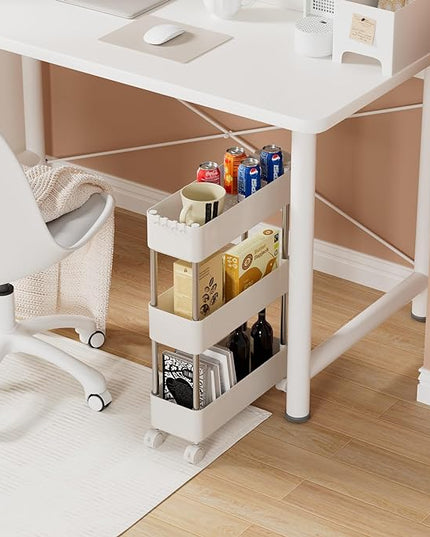 VECELO Storage Cart 3-Tier Utility Rolling Cart,Mobile Shelving Slim Unit Organizers with 360°Wheels Hooks&Hanging Cups for Kitchen Bedroom Bathroom Office Sofa Side in Narrow Places, White - LeafyLoom