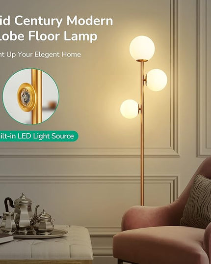 EDISHINE 69in Gold Modern Floor Lamp for Living Room, Upgraded Dimmable 3 Globe Mid Century Standing Lamps, Built-in LED, Frosted Glass Shade, Luna Tall Pole Lamp for Bedroom, Hotel -Antique Brass - LeafyLoom