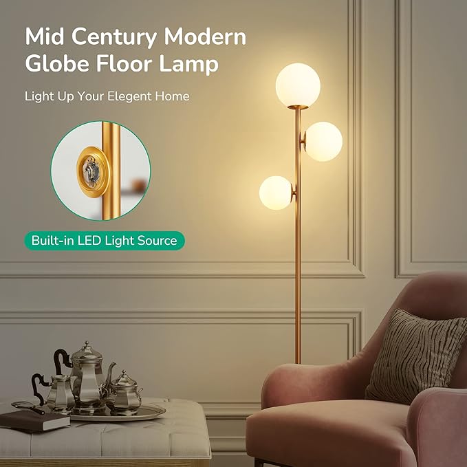 EDISHINE 69in Gold Modern Floor Lamp for Living Room, Upgraded Dimmable 3 Globe Mid Century Standing Lamps, Built-in LED, Frosted Glass Shade, Luna Tall Pole Lamp for Bedroom, Hotel -Antique Brass - LeafyLoom