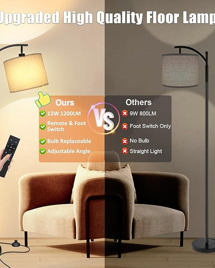 2024 LED Floor Lamps for Living Room, 12W 1200LM Modern Arc Floor Lamp with Remote & Adjustable Linen Lampshade, 12 Color Temperature Stepless Dimmable Tall Standing Lamp for Bedroom Office Reading - LeafyLoom