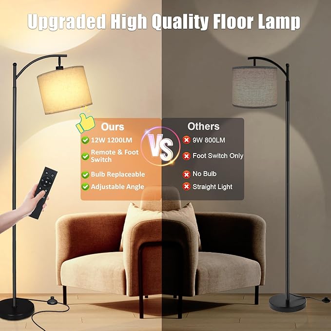 2024 LED Floor Lamps for Living Room, 12W 1200LM Modern Arc Floor Lamp with Remote & Adjustable Linen Lampshade, 12 Color Temperature Stepless Dimmable Tall Standing Lamp for Bedroom Office Reading - LeafyLoom