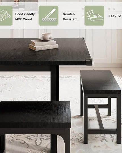 Feonase 7-Piece Dining Table Set with 6 Stools, 63" Large Extendable Kitchen Table Set for 4-8, Mid-Century Dining Room Table with Heavy-Duty Frame, Easy Assembly, Black - LeafyLoom