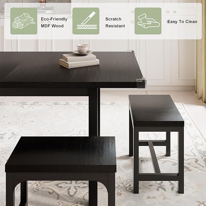 Feonase 7-Piece Dining Table Set with 6 Stools, 63" Large Extendable Kitchen Table Set for 4-8, Mid-Century Dining Room Table with Heavy-Duty Frame, Easy Assembly, Black - LeafyLoom