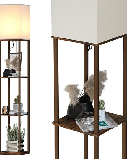 SUNMORY Floor Lamp with Shelves, Modern Square Standing Lamp with 3 Color Temperature Bulb, Corner Display Bookshelf Lamp for Living Room and Bedroom (Rustic Brown) - LeafyLoom