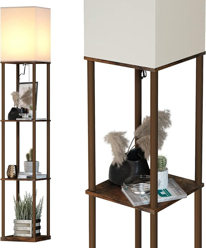 SUNMORY Floor Lamp with Shelves, Modern Square Standing Lamp with 3 Color Temperature Bulb, Corner Display Bookshelf Lamp for Living Room and Bedroom (Rustic Brown) - LeafyLoom