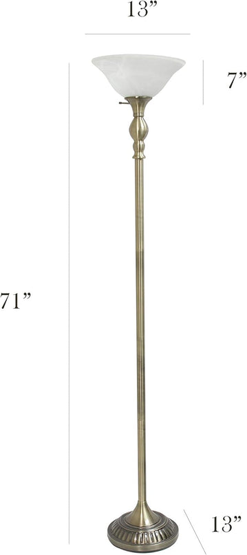 Elegant Designs LF2001-ABS 1 Light Torchiere Marbleized White Glass Shade Floor Lamp, Antique Brass - LeafyLoom