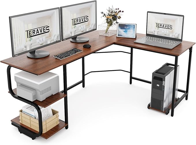 Teraves Reversible L Shaped Desk with Shelves 69“ Corner Computer Desk Gaming Desk Workstation for Home Office - LeafyLoom
