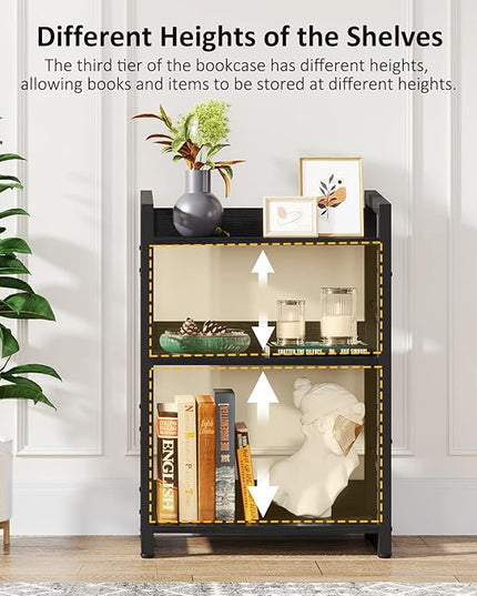 Book Shelf Small Bookshelf - 3-Tier Wood Bookcase Industrial Bookshelf Metal Narrow Bookshelves Storage Organizer Display Rack for Bedroom Living Room Home Office (Black) - LeafyLoom