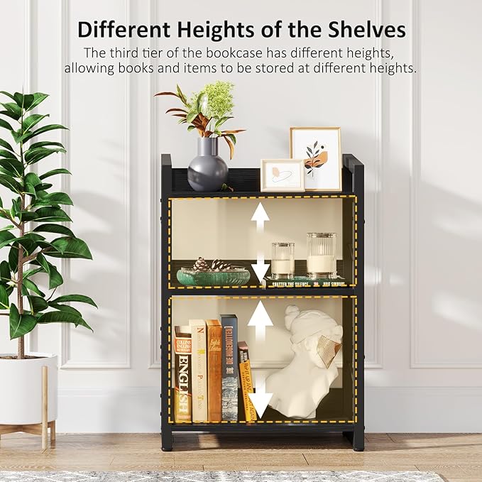 Book Shelf Small Bookshelf - 3-Tier Wood Bookcase Industrial Bookshelf Metal Narrow Bookshelves Storage Organizer Display Rack for Bedroom Living Room Home Office (Black) - LeafyLoom
