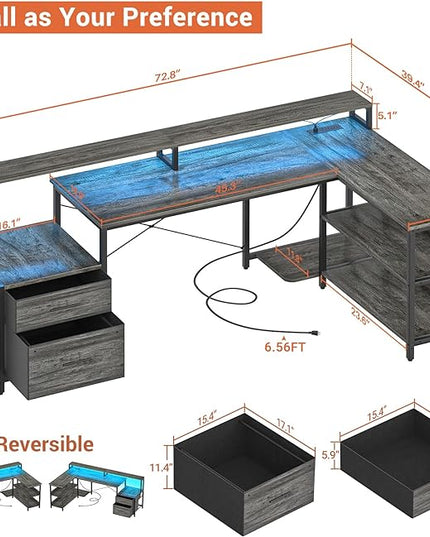 Aheaplus L Shaped Desk with File Drawer, 72.8" Reversible L Shaped Computer Desk with Power Outlet & LED Strip, Gaming Desk with Monitor Stand, Office Desk Corner Desk with Storage Shelf, Grey Oak - LeafyLoom
