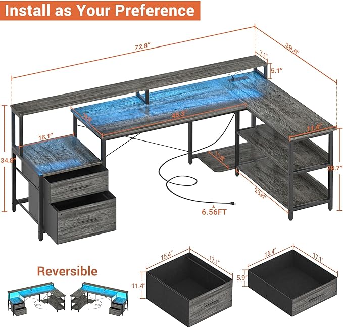 Aheaplus L Shaped Desk with File Drawer, 72.8" Reversible L Shaped Computer Desk with Power Outlet & LED Strip, Gaming Desk with Monitor Stand, Office Desk Corner Desk with Storage Shelf, Grey Oak - LeafyLoom