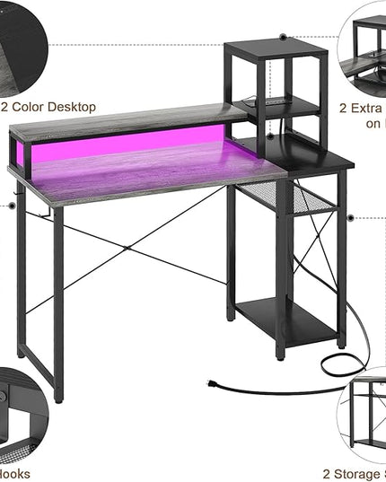 armocity 2024 Upgrade Gaming Desk with LED Lights, Small Computer Desk with Long Monitor Stand, 40'' Reversible Laptop Table with Storage Shelves, Small Desk for Small Spaces, Gaming Room, Grey - LeafyLoom