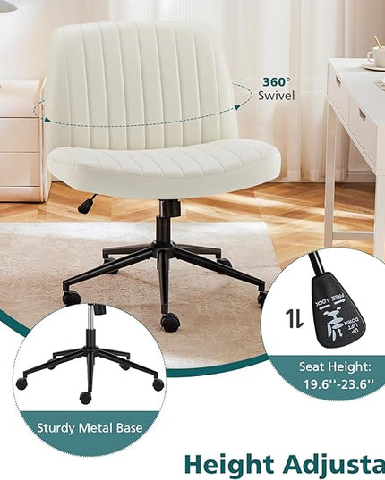OLIXIS Cross Legged Armless Wide Adjustable Swivel Padded Home Office Desk Chair, Cream with Wheels - LeafyLoom