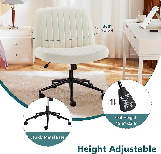OLIXIS Cross Legged Armless Wide Adjustable Swivel Padded Home Office Desk Chair, Cream with Wheels - LeafyLoom