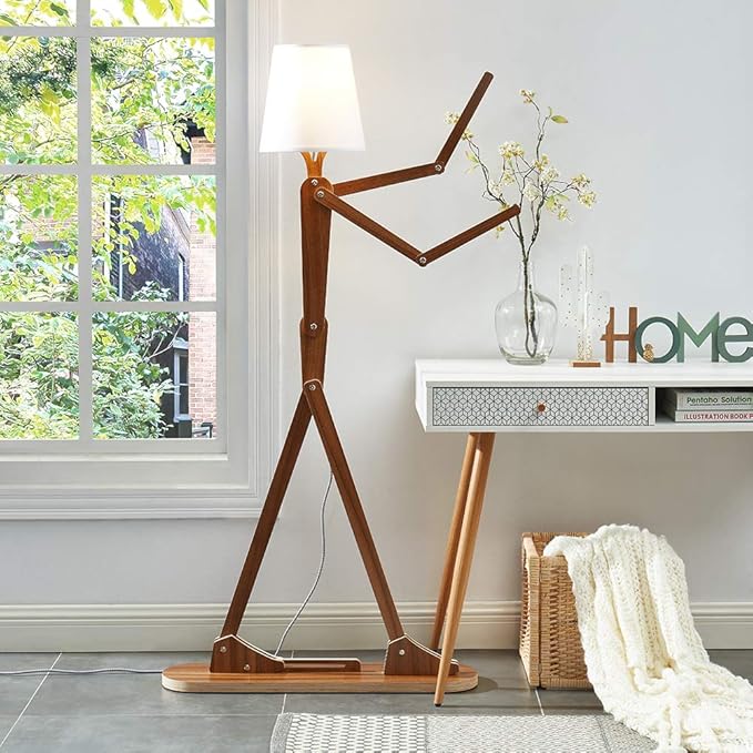 Cool Tall Floor Lamp Decorative Reading Standing Wood Swing Arm Wood Lighting for Corner Kids Boys Girls Bedroom Living Room Home Improvement Office Farmhouse - with LED Bulb (Walnut) - LeafyLoom