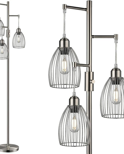 Dimmable Floor Lamp, Metal, 3 x 800LM LED Edison Bulbs Included, Industrial Floor Lamp Standing Tree Lamp with Elegant Teardrop Cage Heads Tall Lamps for Living Room Bedroom-Brushed Nickel - LeafyLoom