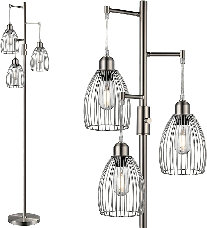 Dimmable Floor Lamp, Metal, 3 x 800LM LED Edison Bulbs Included, Industrial Floor Lamp Standing Tree Lamp with Elegant Teardrop Cage Heads Tall Lamps for Living Room Bedroom-Brushed Nickel - LeafyLoom