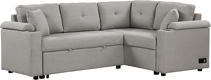 87.4" L-Shape Sectional Sleeper Sofa with Chaise &Pull-out bed, Boucle Upholstered Couch w/USB Ports, Power Sockets and Built-in Cup Holder, for Living Room, Apartment, 87.4 Inch, Dark Gray - LeafyLoom
