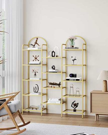 5 tier Bookcase Bookshelf, Tempered Glass Bookshelves, Triple Wide Glass Storage Rack with 14 Open Storage Spaces, Display Shelf for Living Room, Home Office, Bedroom, Gold BC50101G - LeafyLoom