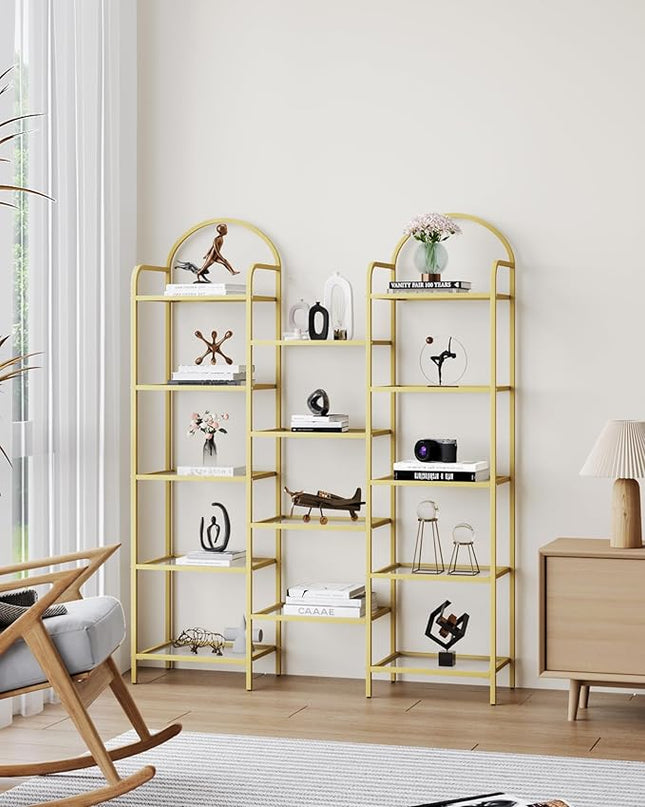 5 tier Bookcase Bookshelf, Tempered Glass Bookshelves, Triple Wide Glass Storage Rack with 14 Open Storage Spaces, Display Shelf for Living Room, Home Office, Bedroom, Gold BC50101G - LeafyLoom