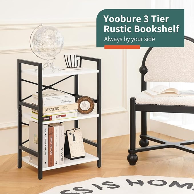 Yoobure Bookshelf Small Book Shelf, Solid Industrial 3 Tier Shelf Bookcase, Short Book Case for Bedroom, Living Room, Office Home, Small Spaces, White - LeafyLoom