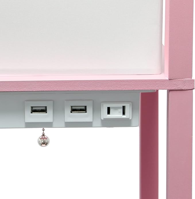 Simple Designs LF1037-LPK Floor Lamp Etagere Organizer Storage Shelf with 2 USB Charging Ports, 1 Charging Outlet and Linen Shade, Light Pink - LeafyLoom
