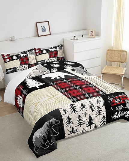 Manfei Bear Comforter Set Twin Size,Pine Trees Animals Hunting Bedding Set for Kids Boys Girls Adults Room Decor,Camping Adventure Rustic Farmhouse Down Comforter,Red Plaids Duvet Insert,1 Pillowcase - LeafyLoom