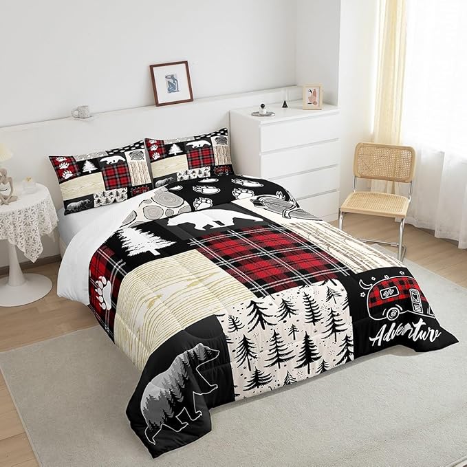 Manfei Bear Comforter Set Twin Size,Pine Trees Animals Hunting Bedding Set for Kids Boys Girls Adults Room Decor,Camping Adventure Rustic Farmhouse Down Comforter,Red Plaids Duvet Insert,1 Pillowcase - LeafyLoom