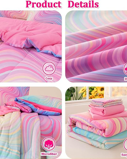 Girls Full Bedding Sets, 6 Pcs Pink Full Szie Comforter Set with Sheets, Tie Dye Superior Blue Pink Rainbow Bedding Set for Girls Kids - LeafyLoom