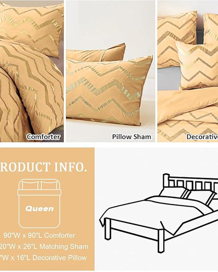 Yellow Gold Comforter Set Queen Size Metallic Bedding Set for Girls Lightweight Microfiber Comforter Set,4 Piece (2 Matching Sham + 1 Decorative Pillow) - LeafyLoom