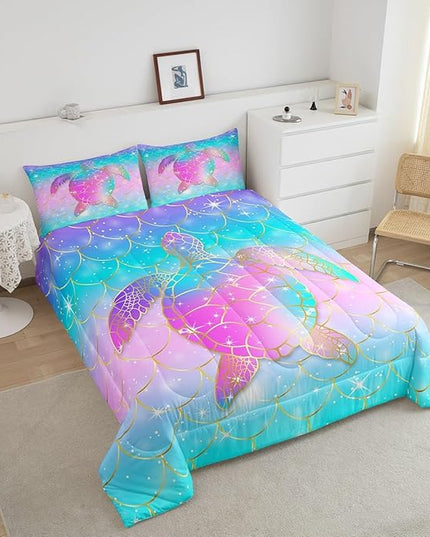 Erosebridal Mermaid Scales Comforter Set for Girls, Tortoise Reptile Bedding Set Twin Size, Sea Turtle Ocean Life Duvet Sets for Kids Children Boys Women, Sweet Girly Down Comforter, Teal Blue - LeafyLoom