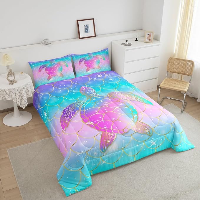 Erosebridal Mermaid Scales Comforter Set for Girls, Tortoise Reptile Bedding Set Twin Size, Sea Turtle Ocean Life Duvet Sets for Kids Children Boys Women, Sweet Girly Down Comforter, Teal Blue - LeafyLoom