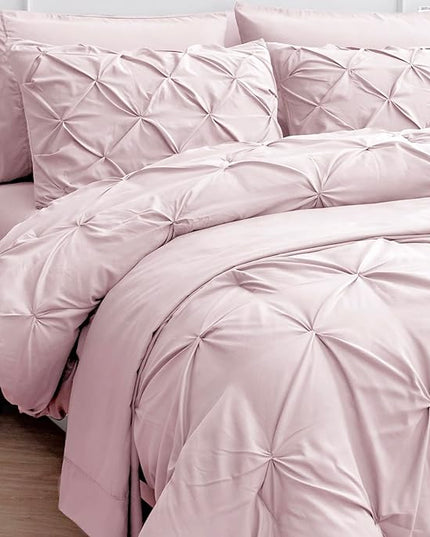 LANE LINEN Full Size Bed Set, 7 Piece Full Size Bed in a Bag Set, Soft Bedding Sets Full Size, Pintuck Full Bed Set, Full Size Comforter Sets for Girls with Sheets, Pillowcases & Shams - Sepia Rose - LeafyLoom