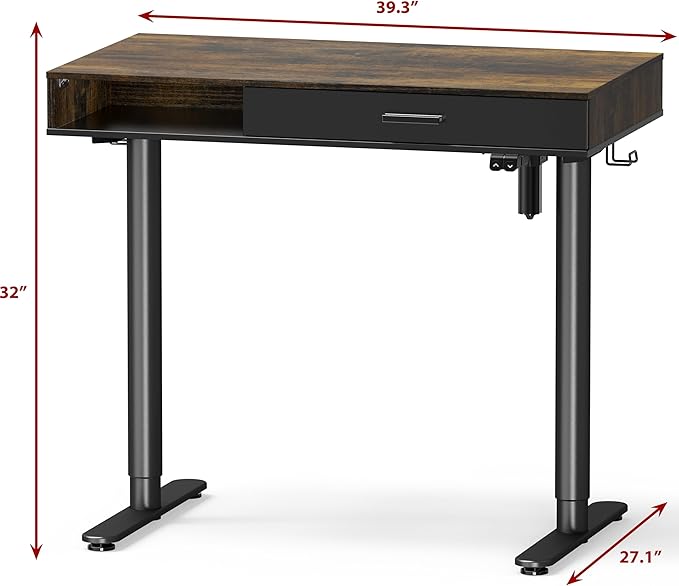 SHW Claire 40 Inch Height Adjustable Electric Standing Desk with Storage Space and Drawer, Rustic Brown - LeafyLoom