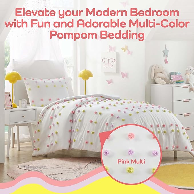 Mi Zone Kids Twin Duvet Cover Set, Fun and Adorable Multi-Color Clipped Jacquard Pompom Bedding, All Seasons Soft Microfiber Cozy & Breathable Duvet Cover, Sham, Cora, Twin Pink Multi 2 Piece - LeafyLoom