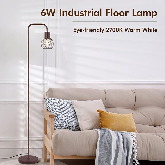 Floor Lamp, Industrial Floor Lamp, Modern Standing Lamp with 6W LED Bulb, Foot Switch, Metal Floor Lamp for Living Room, Bedroom, Office, Vintage，Rustic Minimalist Farmhouse Stand Up Lamp Brown - LeafyLoom