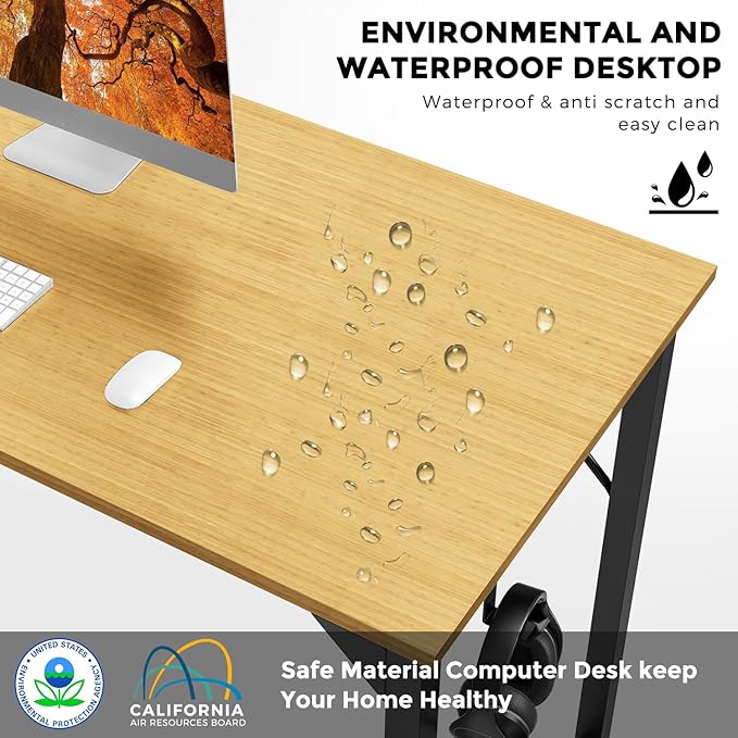 JHK Computer Small Desk Office 32 Inch Writing Work Kids Study Simple Wooden Table for Home Bedroom Modern Style with Headphone Hooks & Storage Bag, Nature - LeafyLoom
