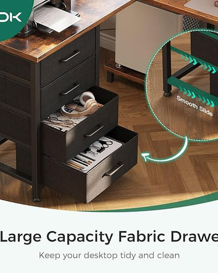 AODK L Shaped Desk with 4 Tier Drawers, 61" Reversible Gaming Desk with Power Outlets, L Shaped Computer Desk with USB Charging Port and Host Stand, Home Office Corner Desk, Easy to Assemble, Vintage - LeafyLoom