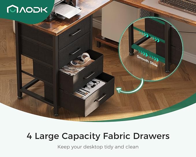 AODK L Shaped Desk with 4 Tier Drawers, 61" Reversible Gaming Desk with Power Outlets, L Shaped Computer Desk with USB Charging Port and Host Stand, Home Office Corner Desk, Easy to Assemble, Vintage - LeafyLoom