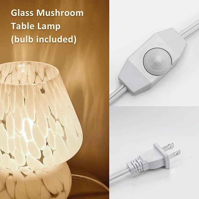Cute Mushroom Lamp Small Bedside Table Lamp Set of 2 Stepless Dimmable, Translucent Glass White Nightstand Lamp for Bedroom Dorm Kids Room Living Kitchen, Murano Aesthetic Home Decor Gift - LeafyLoom