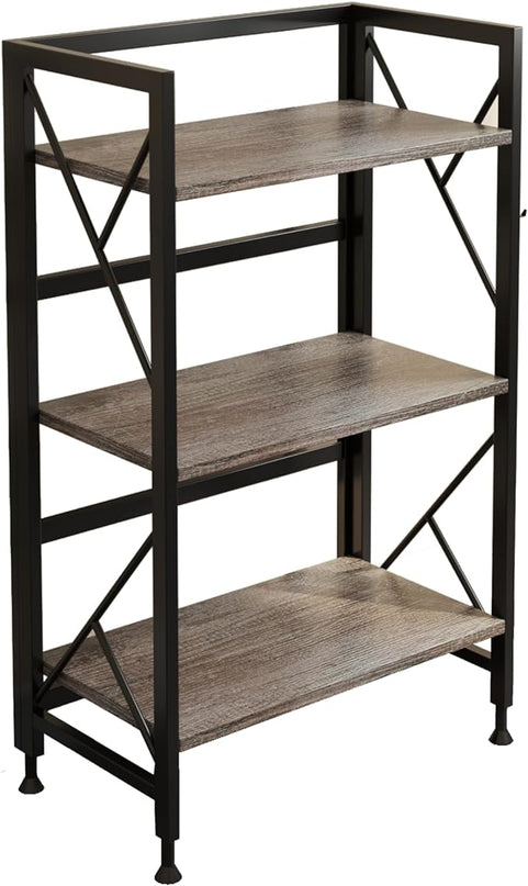 Folding Bookshelf 3 Tier No Assembly Bookcase Industrial Storage Shelves Plant Flower Stand Storage Rack for Home Office Oak - LeafyLoom