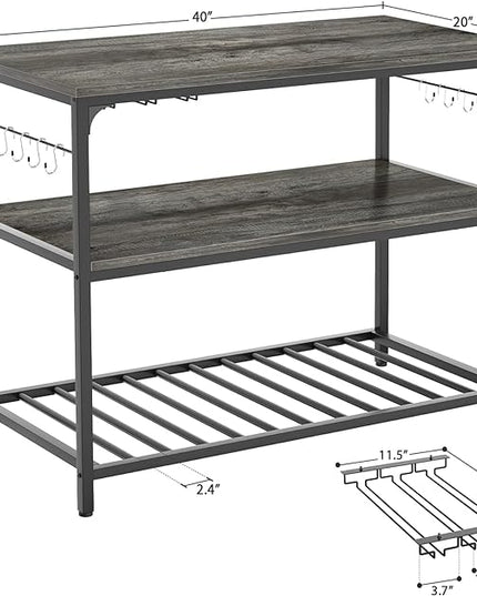 Homieasy Kitchen Island with Wine Glass Holder, Industrial Wood and Metal Coffee Bar Wine Rack Table, 3 Tier Spacious Prep Table Extended Counter with Hooks Easy to Assemble, Black Oak - LeafyLoom