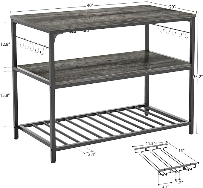 Homieasy Kitchen Island with Wine Glass Holder, Industrial Wood and Metal Coffee Bar Wine Rack Table, 3 Tier Spacious Prep Table Extended Counter with Hooks Easy to Assemble, Black Oak - LeafyLoom