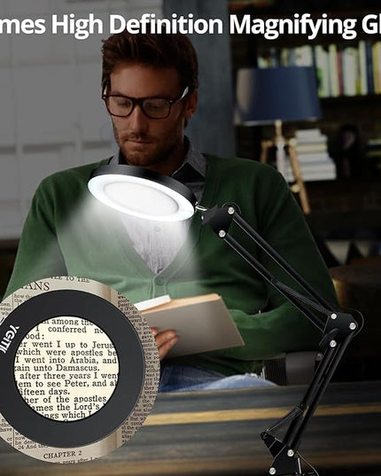 8X Lighted Magnifying Glass Lamp, Adjustable Magnifying Glass with Light Clamp Swivel Arm LED 3 Color Modes,10 Brightness Levels, Hands Free Magnifier for Hobby Close Work, Repair, Reading - LeafyLoom