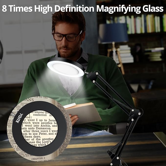 8X Lighted Magnifying Glass Lamp, Adjustable Magnifying Glass with Light Clamp Swivel Arm LED 3 Color Modes,10 Brightness Levels, Hands Free Magnifier for Hobby Close Work, Repair, Reading - LeafyLoom