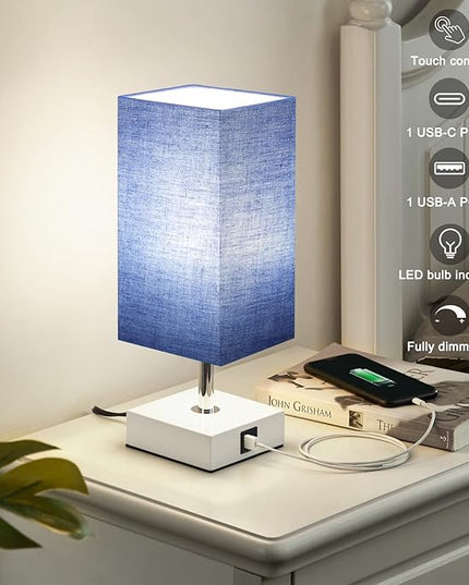 Ambimall Blue Table Lamp with USB Ports - 3 Way Touch Lamps Beside Desk, Nightstand Lamp for Bedrooms Living Room, Blue Shade with White Base, LED Bulb Included(Blue) - LeafyLoom