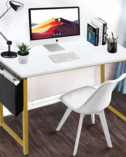 Lufeiya Computer Desk Small White Gold Writing Table for Home Office Compact Spaces 39 Inch Modern Student Study Desk,White Gold - LeafyLoom