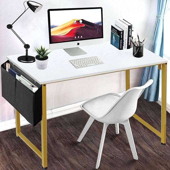 Lufeiya Computer Desk Small White Gold Writing Table for Home Office Compact Spaces 39 Inch Modern Student Study Desk,White Gold - LeafyLoom